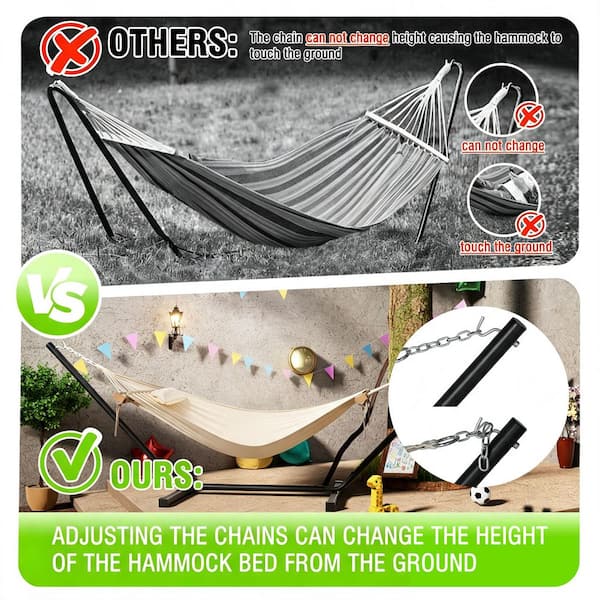 12 ft. Quilted 2-Person Hammock Bed with Stand and Detachable Pillow, Beige