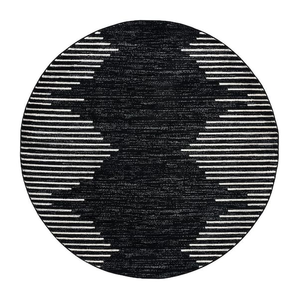 Fulton Black 8 ft. Round Bohemian Stripe Area Rug