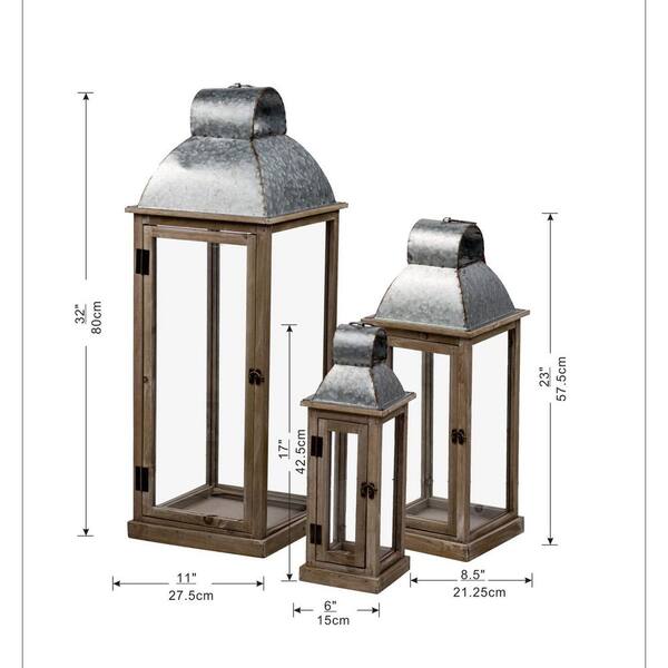 Rustic Natural Wood & Silver Lantern 11/8.5/6 Farmhouse Glass