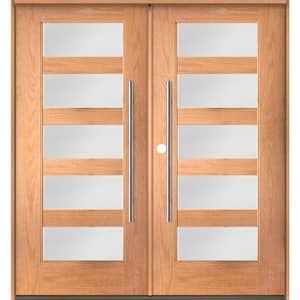 Modern Faux Pivot 72 in. x 80 in. Right-Active/Inswing 5Lite Satin Glass Teak Stain Double Fiberglass Prehung Front Door