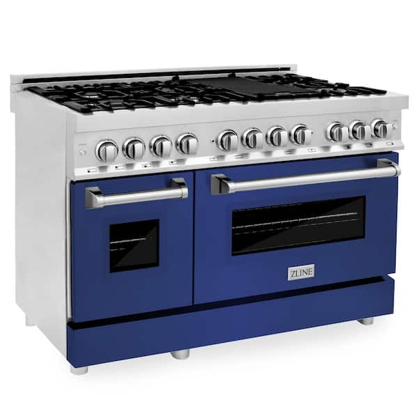ZLINE Kitchen and Bath 48 in. 7 Burner Double Oven Dual Fuel Range with Blue Matte Door in Stainless Steel
