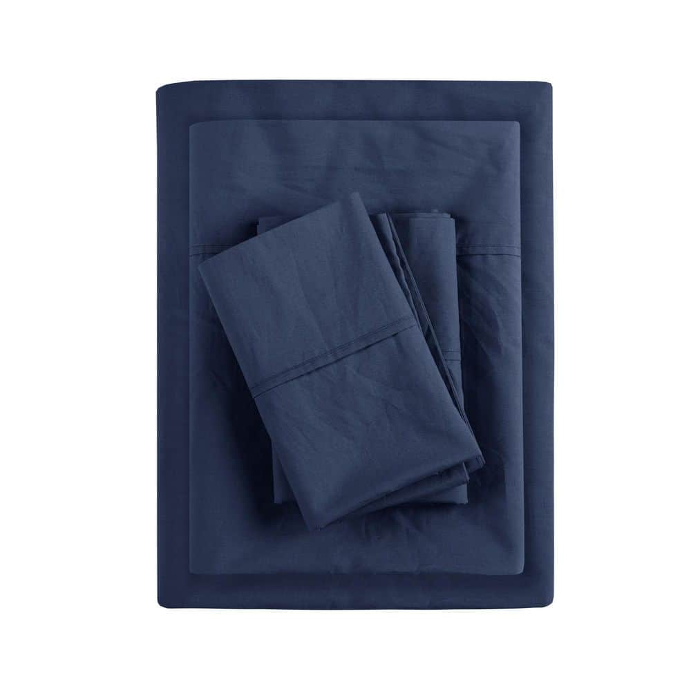 White 500TC Cotton Percale Sheet Set - Navy Blue Hemstitch