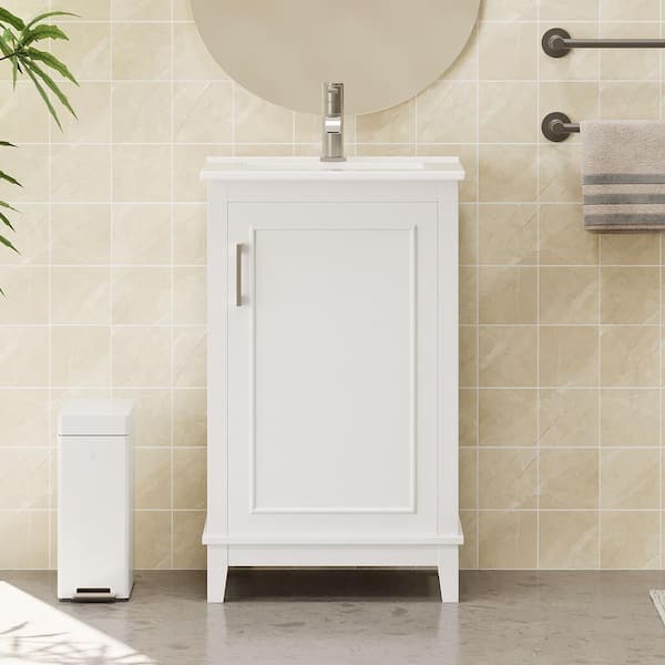 EPOWP 20 in. W x 15.5 in. D x 33.3 in. H Freestanding Bath Vanity in White with White Ceramic Top and Large Storage Cabinet