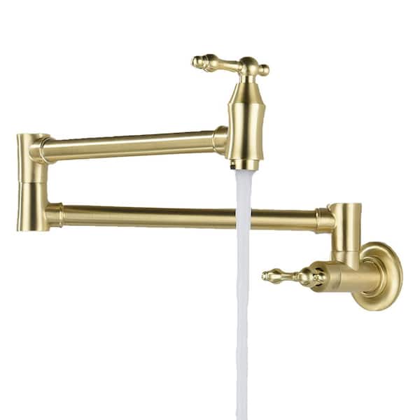 GIVING TREE Traditional Double Handle Wall Mount Pot Filler with Solid Brass Instruction Faucet in Brushed Gold
