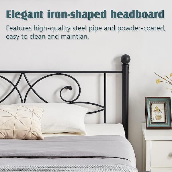 54 in. Black Metal Bed Frame Full Size With Headboards Steel Platform Bed for Kids Box Spring Replacement