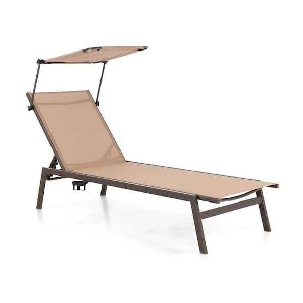 Gtnali Metal Outdoor Chaise Lounge Chair with Adjustable Sunshade and 6-Position Adjustable Backrest in Brown