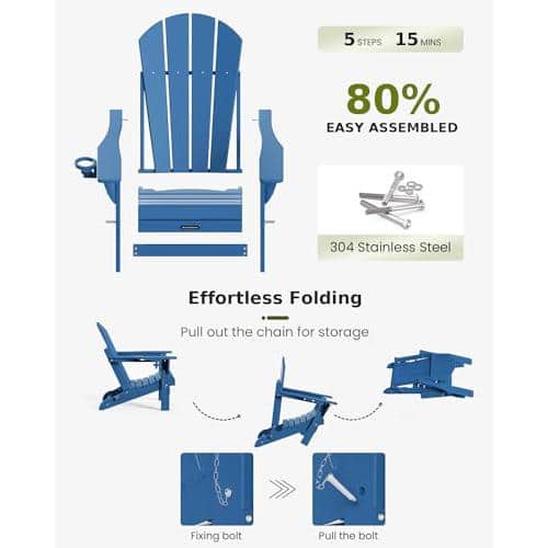 ITOPFOX Royal Blue Folding HDPE Adirondack Chairs, Sturdy Outside