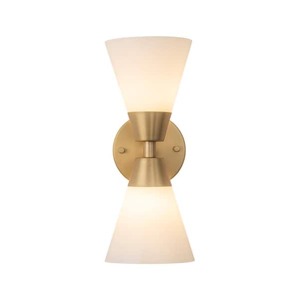 Y'INSP 5.31 in. 2-Light Brushed Gold Vintage Industrial Wall Sconce with Milky Glass Shade, Modern Vanity Lights for Mirror