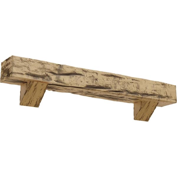 Ekena Millwork 4 in. x 6 in. x 5 ft. Riverwood Faux Wood Fireplace Mantel Kit, Breckinridge Corbels, Natural Pine