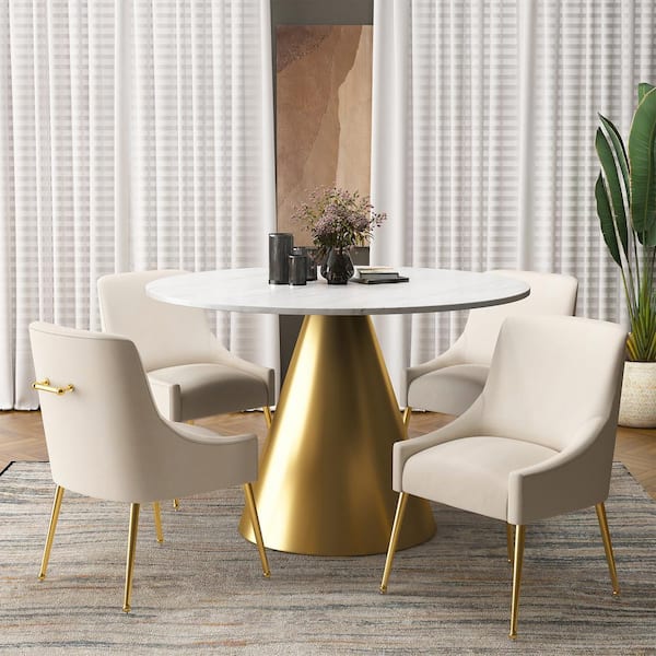 Boyel Living 5-Piece Round Stainless Steel White and Gold Marble Top Table Set Seats 4 (4 Beige Dining Chairs）