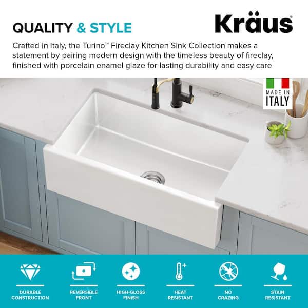 Turino Reversible Farmhouse Apron Front Fireclay 33 in. Single Bowl Kitchen Sink with Bottom Grid in Gloss White