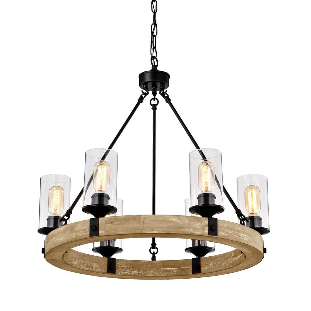 Rustic Farmhouse 6-Light Wagon Wheel Chandelier with Vintage Wood & Black Detail