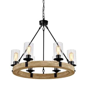 Elk 6-Light Matte Black and Vintage Wood Wheel Farmhouse Chandelier with Clear Glass Shade