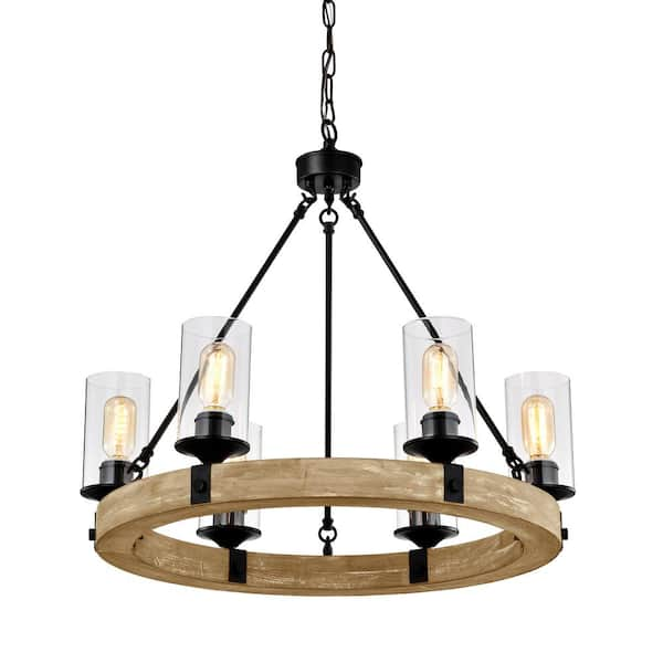 Elk 6-Light Matte Black and Vintage Wood Wheel Farmhouse Chandelier with Clear Glass Shade