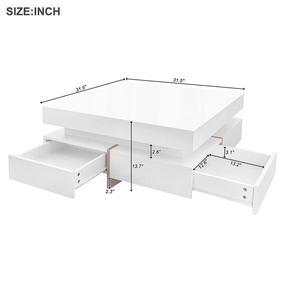 White High Gloss Square Coffee Table with Storage Drawers