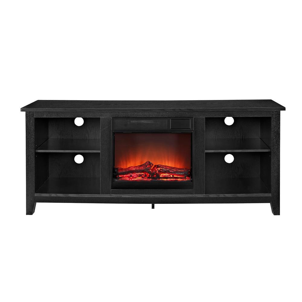 Essential 58" Black Wood Media Stand with Electric Fireplace