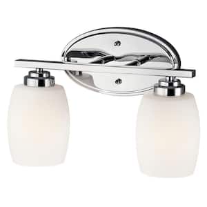 Eileen 14.25 in. 2-Light Chrome Contemporary Bathroom Vanity Light with Etched Glass Shade