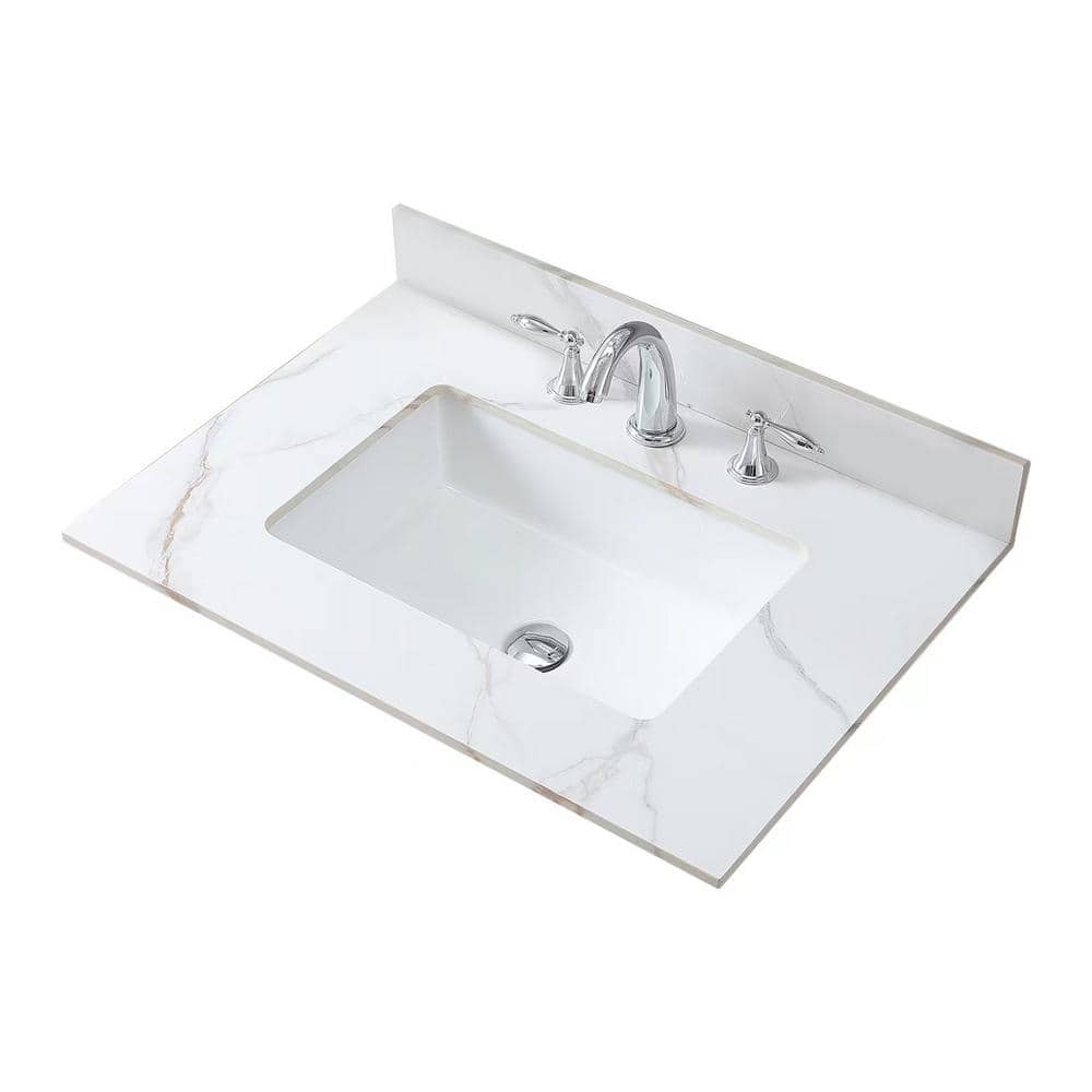 WELLFOR 31 in. W x 22 in. D Sintered Stone Carrara White Rectangle ...