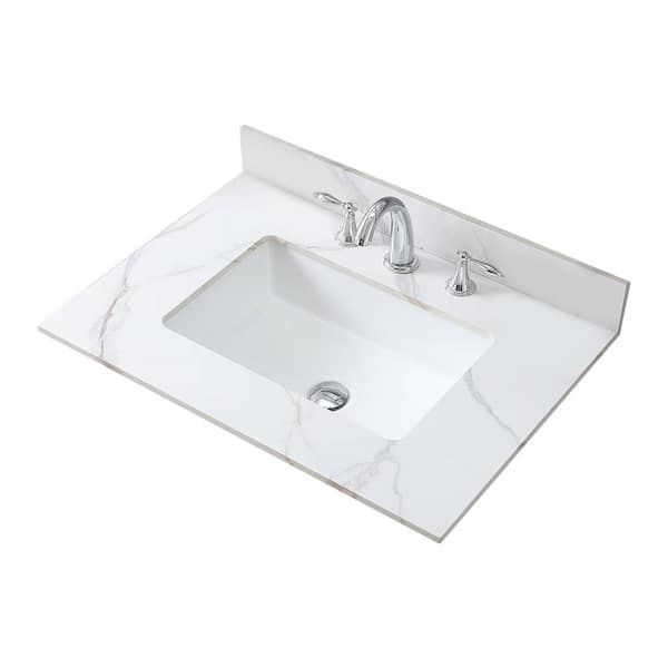 WELLFOR 31 in. W x 22 in. D Sintered Stone Carrara White Rectangle Ceramic Single Sink Bathroom Vanity Top in White, 3-Holes