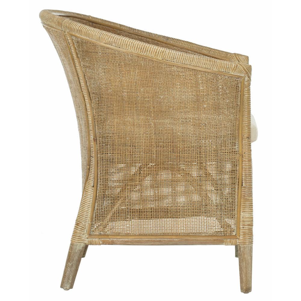 Transitional Whitewashed Rattan Armchair with Off-White Linen Cushion