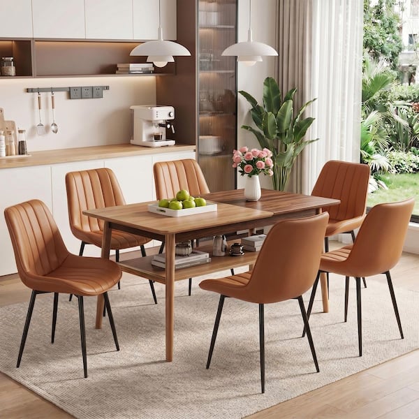Set of 6 Modern Brown Faux Leather Dining Chairs with Metal Legs, Mid Century Upholstered Kitchen Chairs for Dining Room