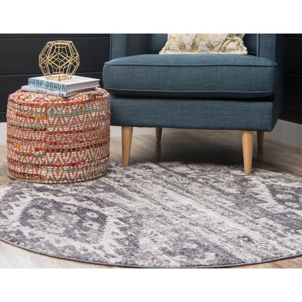 Abstract Gray Round Synthetic Indoor Rug 3'3" Diameter