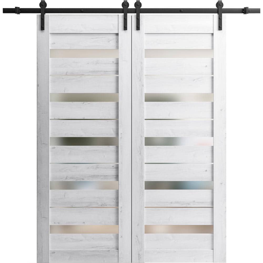 Assemble Required 28 in. x 80 in. 2 Panel Frosted Glass Nordic White Solid Wood Sliding Barn Door with Hardware Kit price history on PriceWatchPro