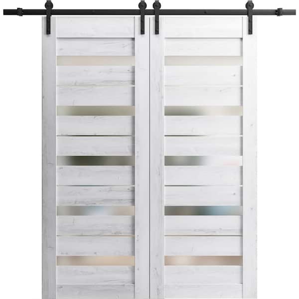 Sartodoors 42 in. x 84 in. 2 Panel Frosted Glass Nordic White Solid Wood Sliding Barn Door with Hardware Kit