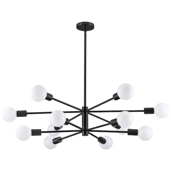 12-Light Black Modern Sputnik Chandelier for Dining Room with 4 Heights