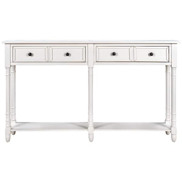 ANBAZAR Extra Long Console Table Retro Sofa Table Console Table with 2-Storage Drawers and Bottom Shelf for Living Room Ivory
