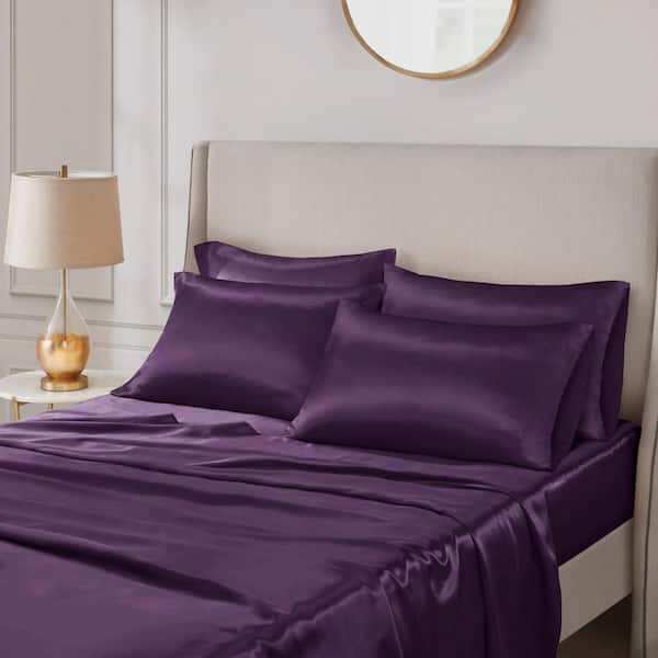 Madison Park Satin 6-Piece Purple Solid Polyester Full Luxury Sheet Set