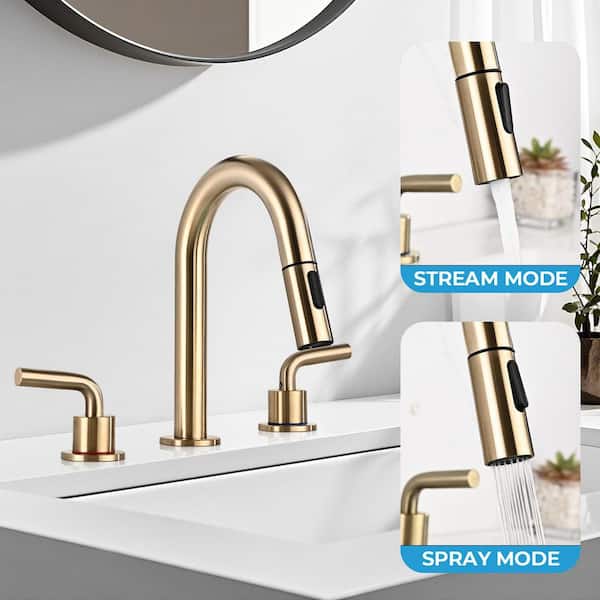 8 in. Widespread Double Handle Bathroom Faucet 3 Hole Pull Down Sink Faucet with Pop-Up Drain in Brushed Gold