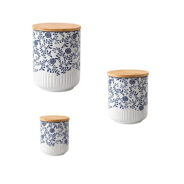 3-Piece Ceramic Kitchen Canisters Sets with Airtight Wood Lids, Flour and Sugar Containers, Easy to Clean and Use