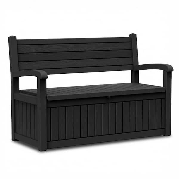 80 Gal. Black Resin Outdoor Storage Bench, Lockable Deck Box with Wood Grain Style, 500 lbs. Capacity