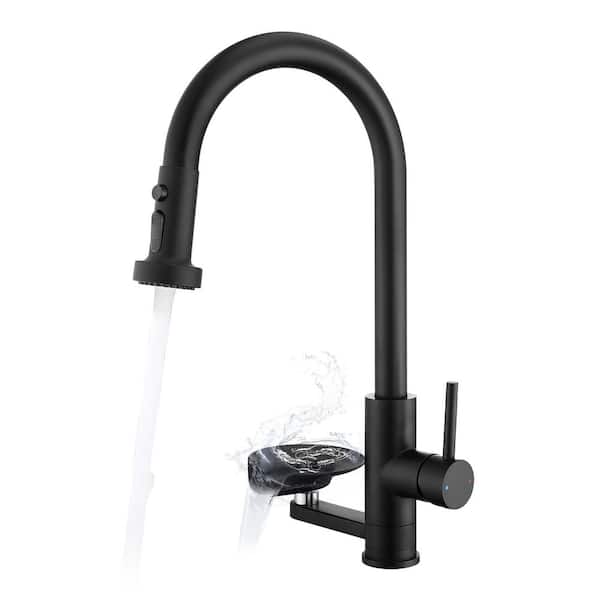 Single Handle Pull Down Sprayer Kitchen Faucet with Glass Rinser 1 Hole Stainless Steel Kitchen Sink Taps in Matte Black