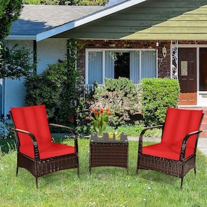 Mix Brown 3-Piece Rattan Wicker Outdoor Furniture Patio Conversation Set with Red Cushions