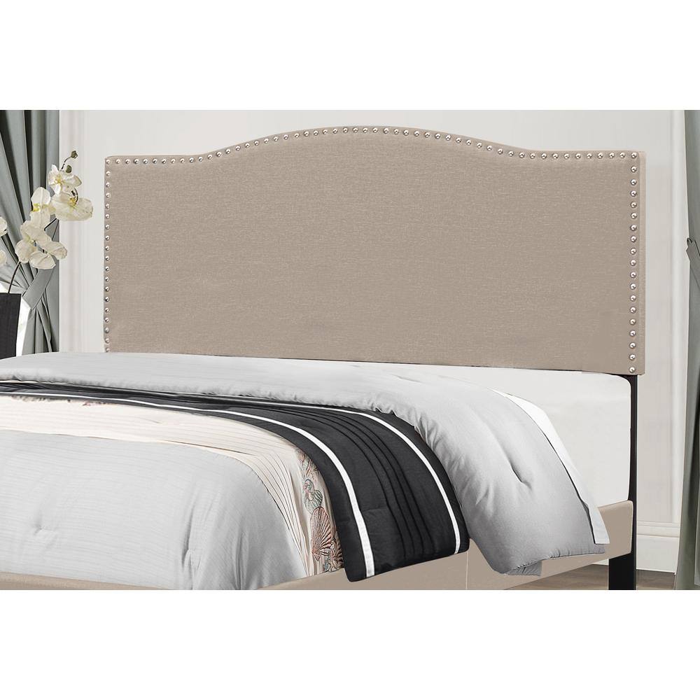 Sophisticated Fog Full Bed with Arched Upholstered Headboard and Nailhead Trim