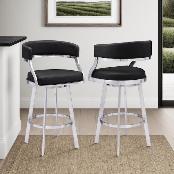 Armen Living Dione 38-42 in. Black/Brushed Stainless Steel Metal 26 in. Bar Stool with Faux Leather Seat