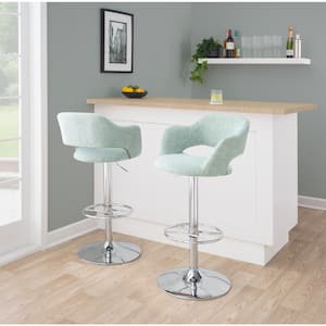 Margarite 32.25 in. Light Green Fabric and Chrome Metal Adjustable Bar Stool with Wheel Footrest (Set of 2)
