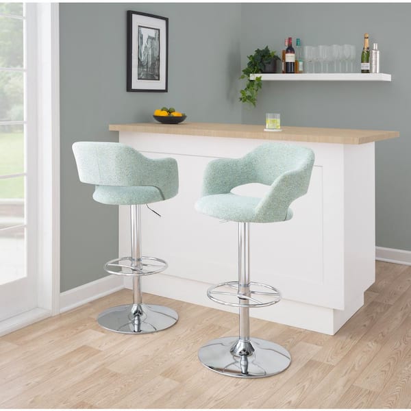 Lumisource Margarite 32.25 in. Light Green Fabric and Chrome Metal Adjustable Bar Stool with Wheel Footrest (Set of 2)