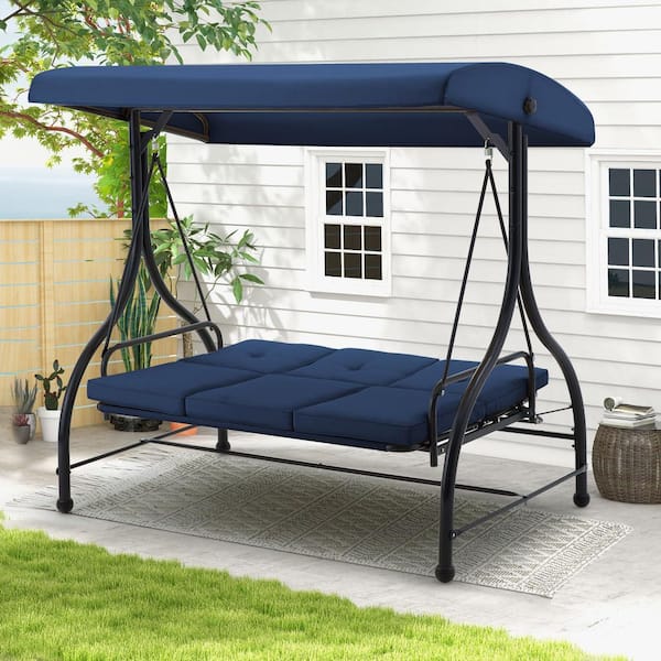 3-Person Dark Blue Metal Patio Swing with Canopy 2-in-1 Convertible Outdoor Swing with Canopy Patio Daybed