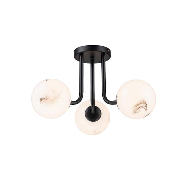 ELE Light & Decor Elio 18 in. 3-Light Mid Century Modern Semi-Flush Mount Ceiling Light with Marbled Globe Glass Shades Matte Black