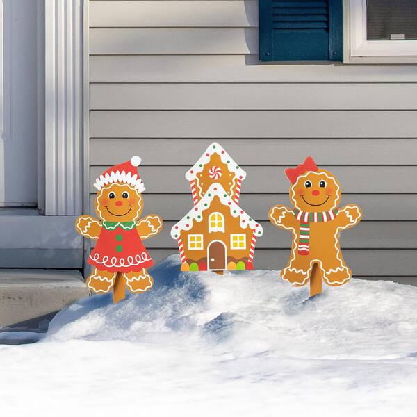 15 in. H Wooden Gingerbread Man Yard Stake (Set of 3)