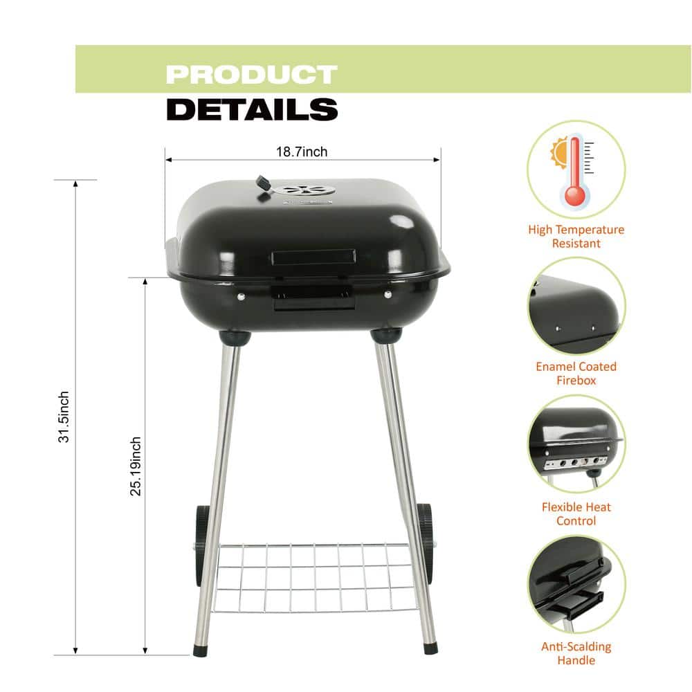 Portable 18-Inch Black Porcelain Charcoal Grill with Chrome-Plated Steel Grate