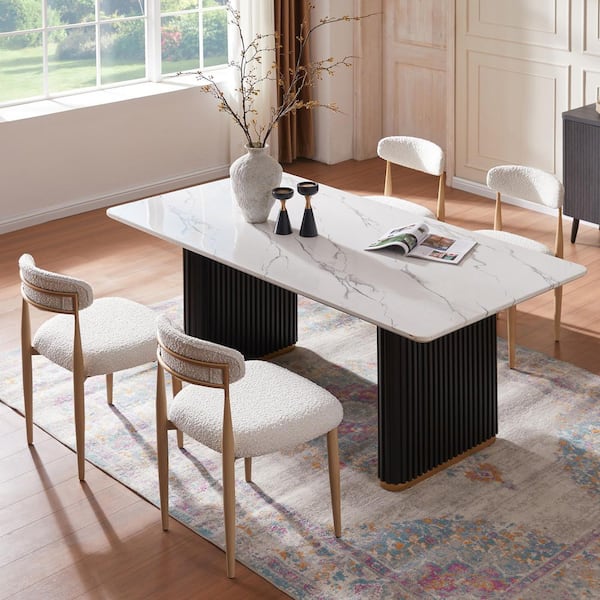 Modern 5-Piece Faux Marble Dining Table with Boucle Chairs in White Wood Grain Dining Room Set for Kitchen Seats 4