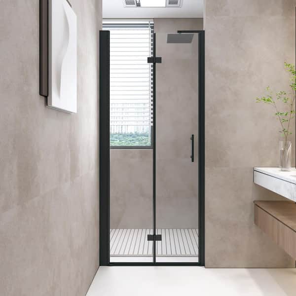 32 in. W x 72 in. H Pivot Frameless Folding Corner Shower Enclosure Shower Doors in Black Finish with Tempered Glass