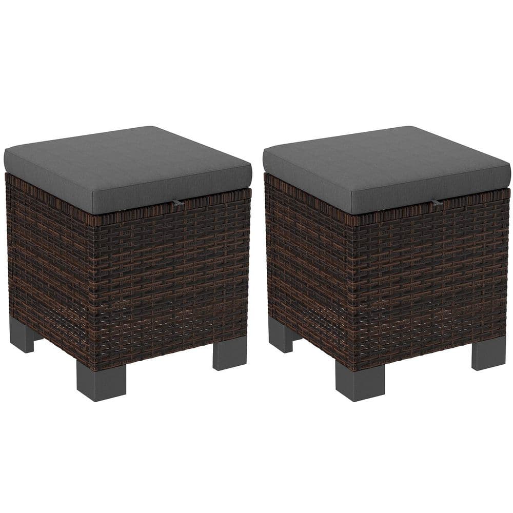 Gray Wicker Outdoor Ottoman Set of 2, Outdoor Footstools for Patio with Rem
