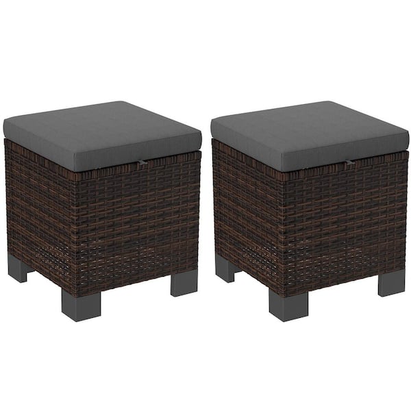Outsunny Gray Wicker Outdoor Ottoman Set of 2, Outdoor Footstools for Patio with Removable Cushions 3-in-1 PE Rattan Ottoman Seat