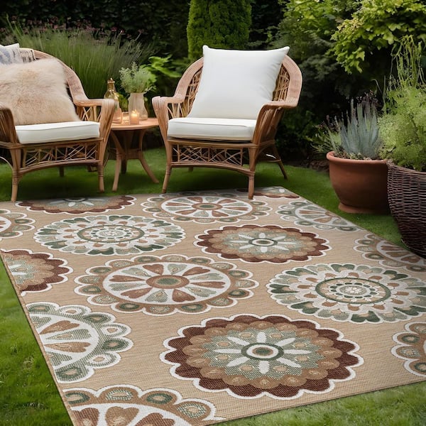 Mandala  8 ft. x 10 ft. Beige Washable Bohemian Medallion Indoor Outdoor Area Rug
