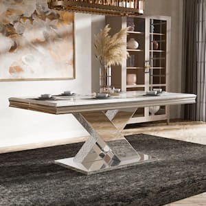 Vurnen Chrome and White Sintered Stone Top 79 in. Pedestal Dining Table with Cross-Shaped Base (Seats 6)